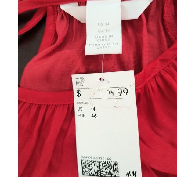 H&M Peasant Blouse Women's Sz 14 Red Long Sleeve Ruffle Shirred Waist Cuffs Top - Picture 8 of 12